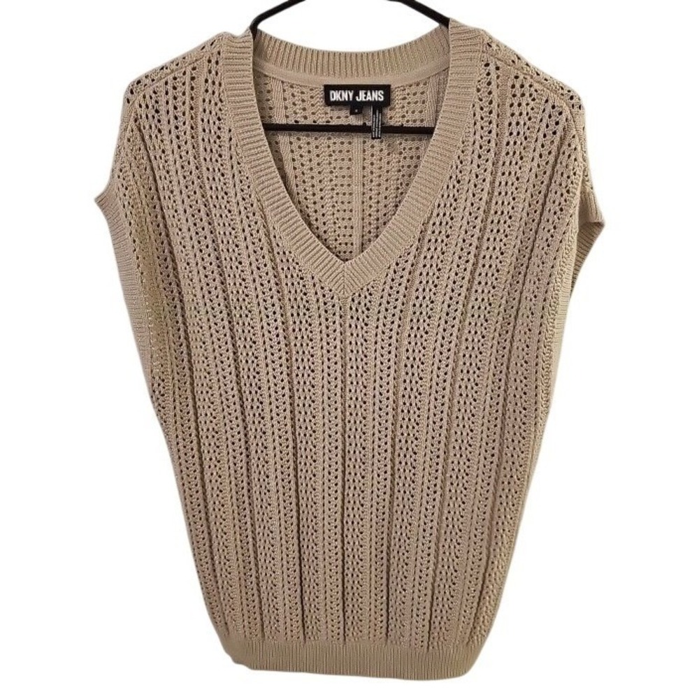 DKNY Jeans Womens Tan Metallic Shimmer Open Knit V-Neck Sweater Vest Size M